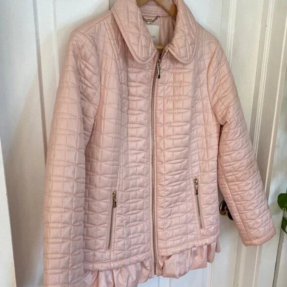 Pink Quilted Jacket with Ruffle Hem Gold Zippers feminine Coquette - Picture 4 of 5